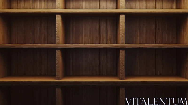 Horizontal view of empty wooden shelving grid structure.