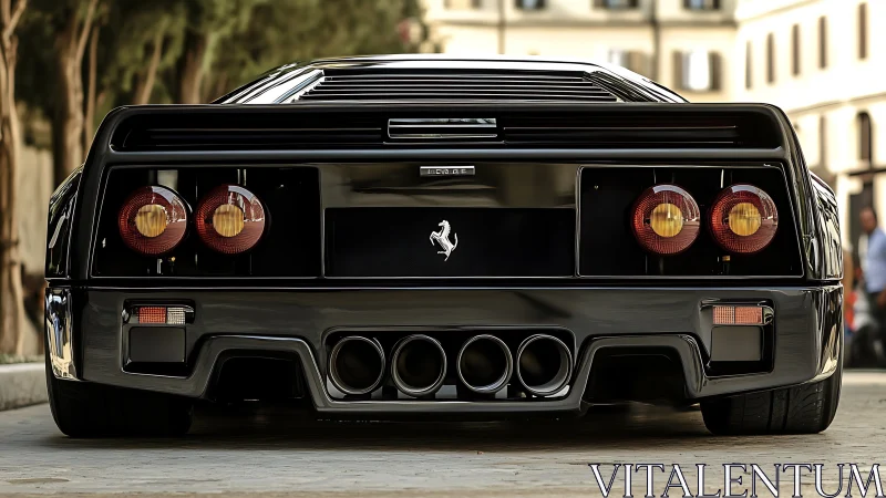 Rear view of black Ferrari sports car in urban street.