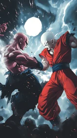 Intense anime warriors clash amid stormlit cratered sky.