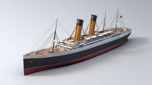 Rendered ocean liner model exhibits detailed superstructure and rigging