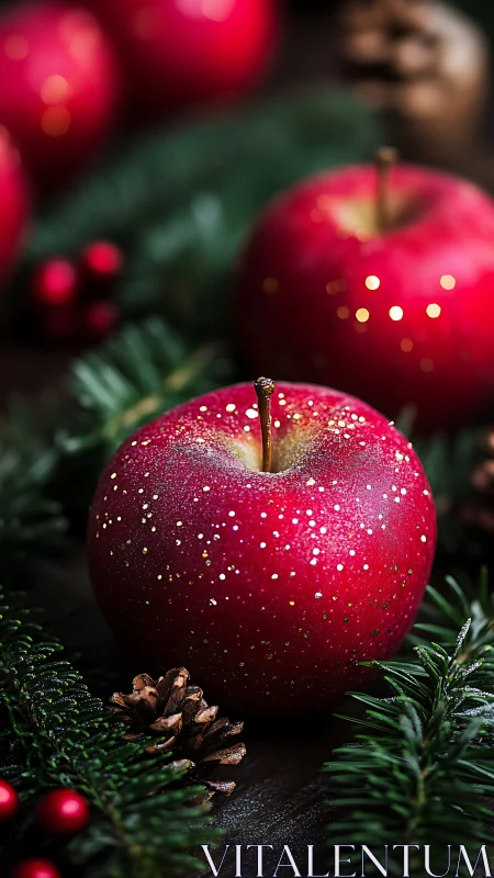 Sparkling holiday apple crowned by winter evergreens.