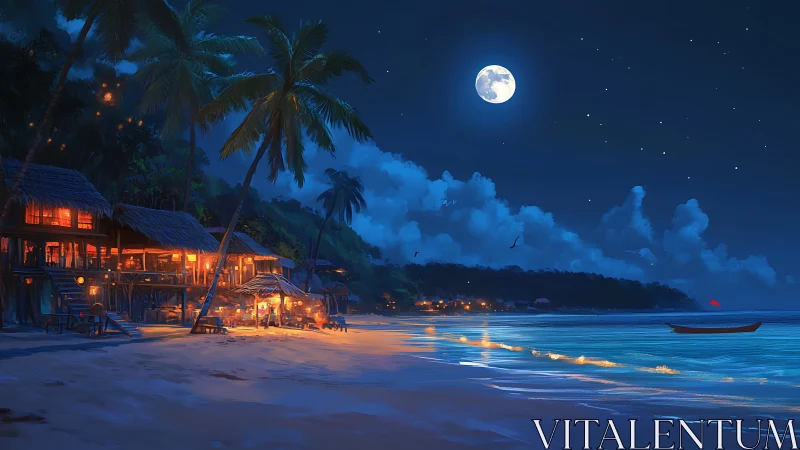 Moonlit Tropical Beach Resort with Glowing Beachfront Structures