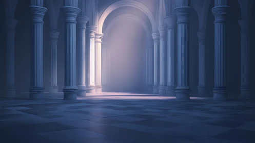 Luminous neoclassical hall with misted colonnade glow.