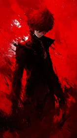 High-contrast anime silhouette in abstract crimson field.