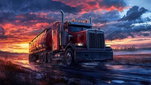 Red tanker truck powers through stormy sunset highway