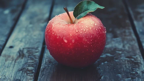 Morning-kissed crimson apple resting on weathered wood.