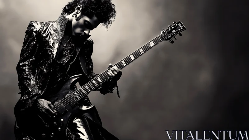 Photorealistic monochrome rock guitarist in dramatic studio lighting.