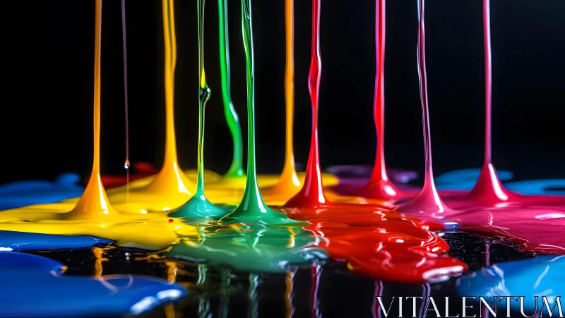 Streams of Bright Paint Pouring on Black Surface, Abstract Art.