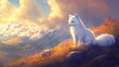 White fox watches a glowing mountain sunrise in serenity
