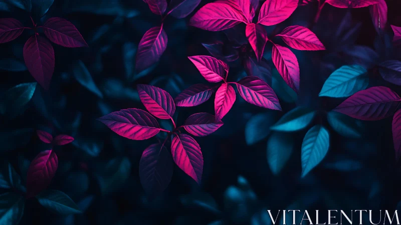 Neon magenta foliage glows against deep teal forest background