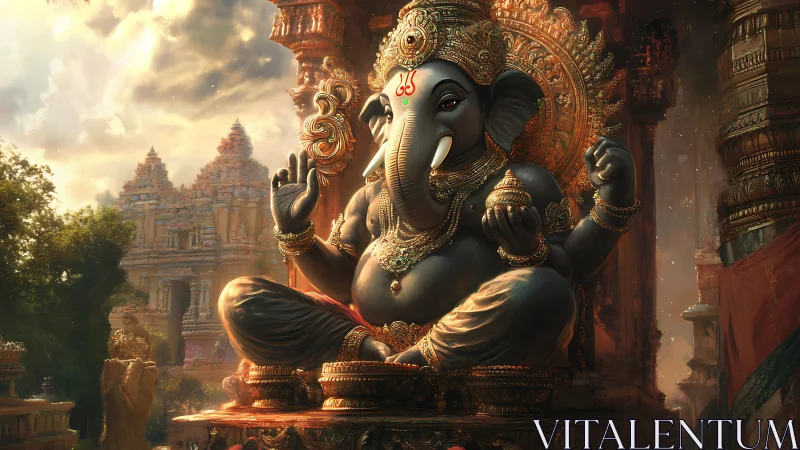 Ganesh monument in hyper-detailed temple environment rendering.