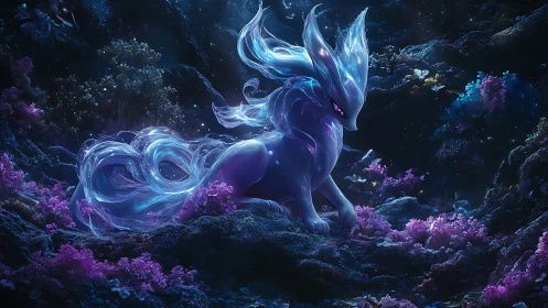 Luminous fox spirit rests in glowing bioluminescent forest