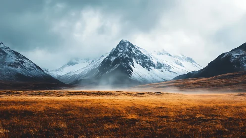 Snow-covered mountain range above misty autumn grassland.