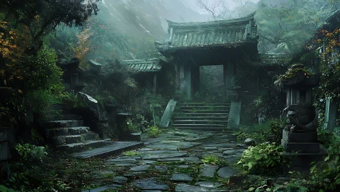 Moss-covered temple gate in misty overgrown forest ruins.