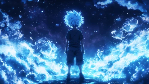 Solitary anime figure standing before luminous night sky.