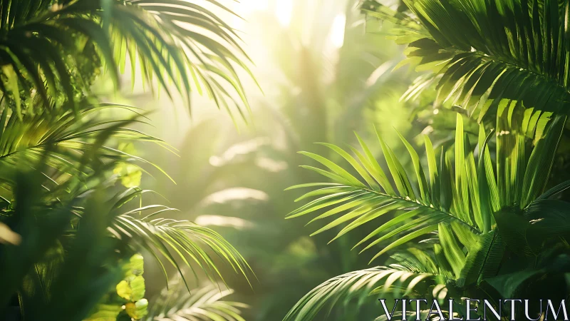 Sunlit palm leaves fill dense tropical jungle foreground
