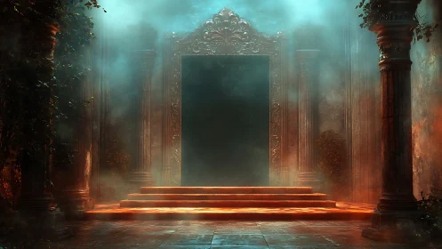 Mystic portal glows within ornate temple archway
