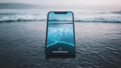 Smartphone standing on wet shoreline with seascape screen.