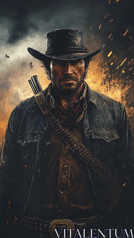 Gritty gunslinger portrait against burning sky backdrop.