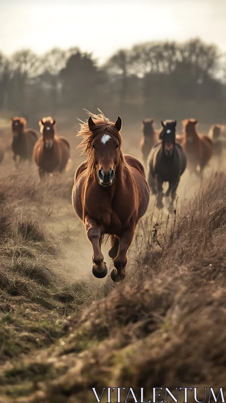 Wild chestnut vanguard charging through dusk meadow dust.