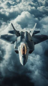 Stealth fighter jet cuts through storm-lit stratocumulus sky.