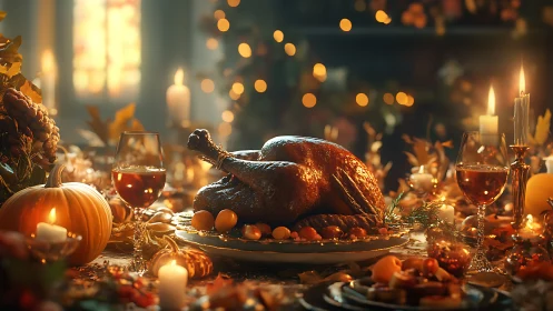 Roasted whole turkey on decorated autumn dining table.