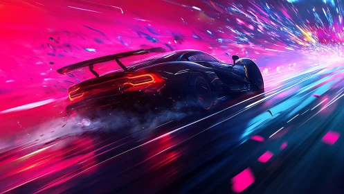 Neon hypercar races through a cyber highway at blazing speed.