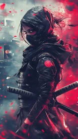 Hooded masked swordswoman in black armor amid red haze.