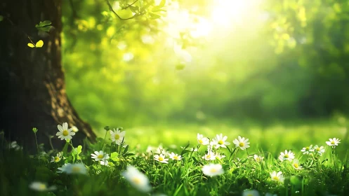 Sunlit meadow foreground with daisies beneath tree canopy.