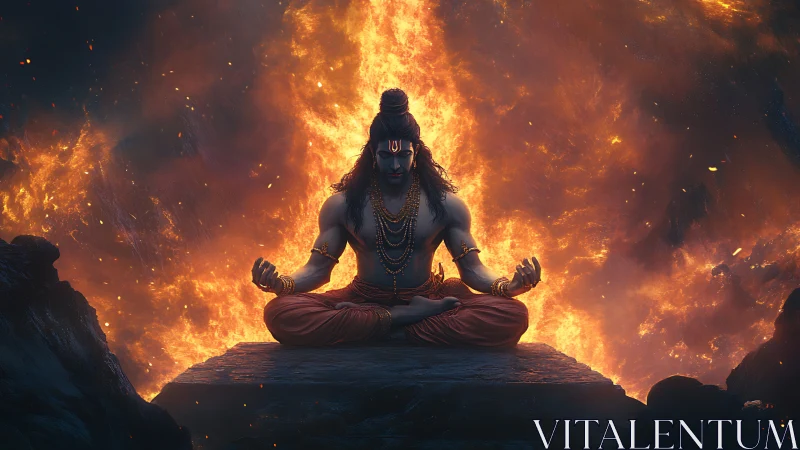 Fire crowned yogi in volcanic stillness of cosmic calm.