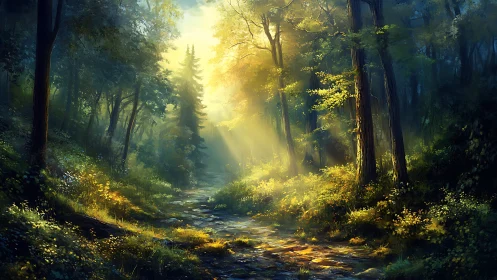 Luminous Forest Stream: Divine Light Through Ancient Woodland Canopy