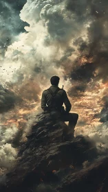 Lone soldier atop stormy peak under burning sky.