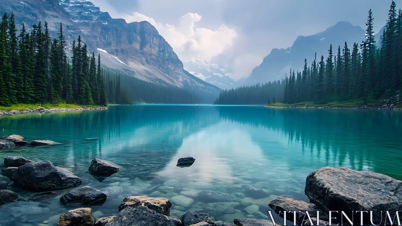 Turquoise mountain lake with pine forest and rocky shore.