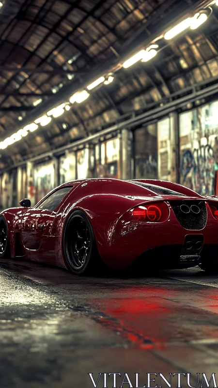 Red supercar parked in moody urban industrial warehouse.