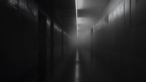 Minimalist corridor in fog with linear ceiling light strip.