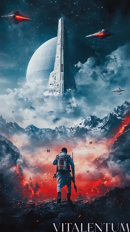 Solitary armored figure before distant orbital fortress.