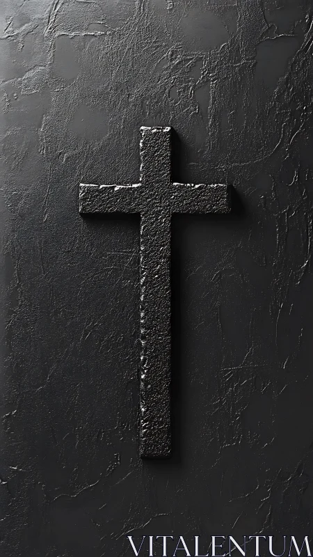 Textured black cruciform relief on matte dark plaster wall