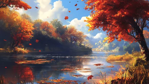 Digital painting of autumn riverbank with luminous foliage.