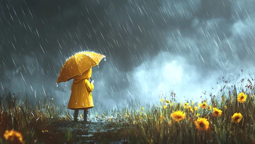 Child in yellow raincoat with umbrella in storm over wildflowers