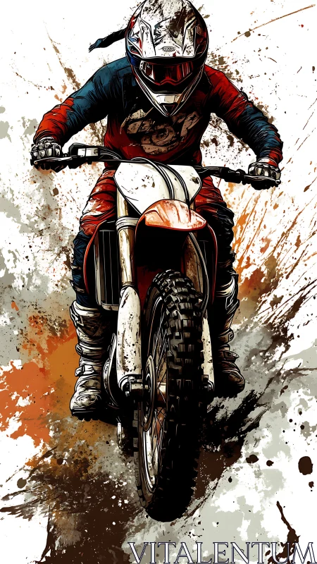 Motocross rider charges forward through explosive paint splashes.