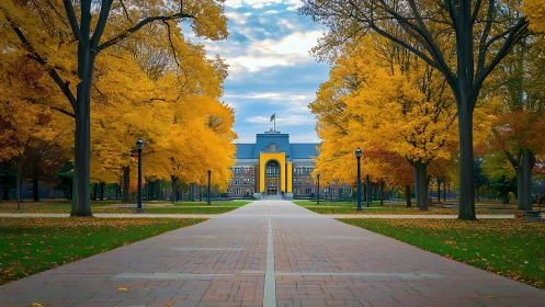 Autumn trees frame a grand campus walkway toward a hall