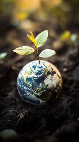 Terrestrial globe seedling emerging from dark regenerative soil.