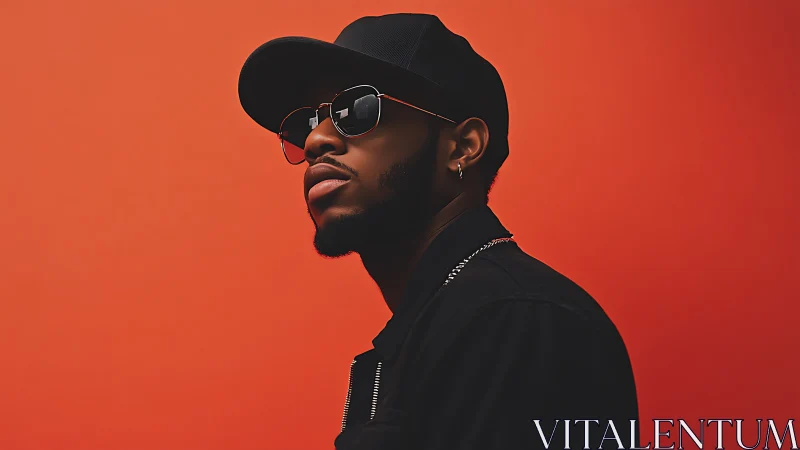 Stylish man in black streetwear against bold orange backdrop.