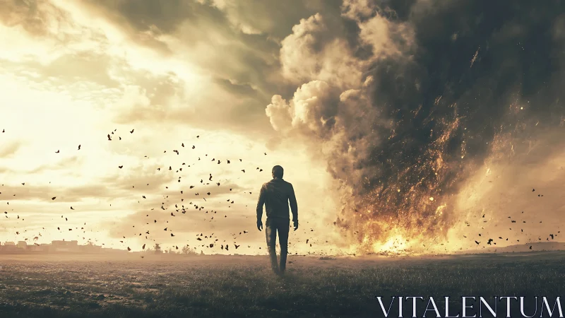 Lone figure strides toward fiery storm in apocalyptic sky.