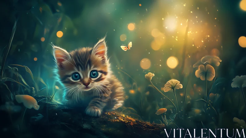 Kitten in Enchanted Garden with Glowing Bokeh.