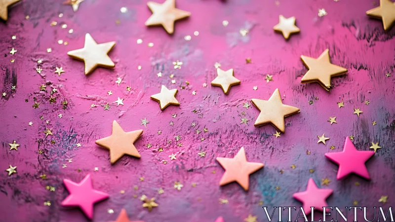 Gold and pink star shapes scatter across vivid magenta surface