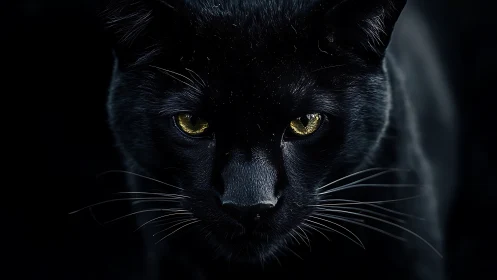 Mysterious black cat with glowing golden eyes at night.