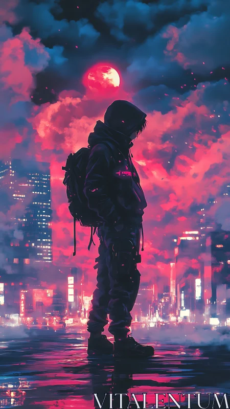 Hooded urban figure against neon city and red moon skyline.