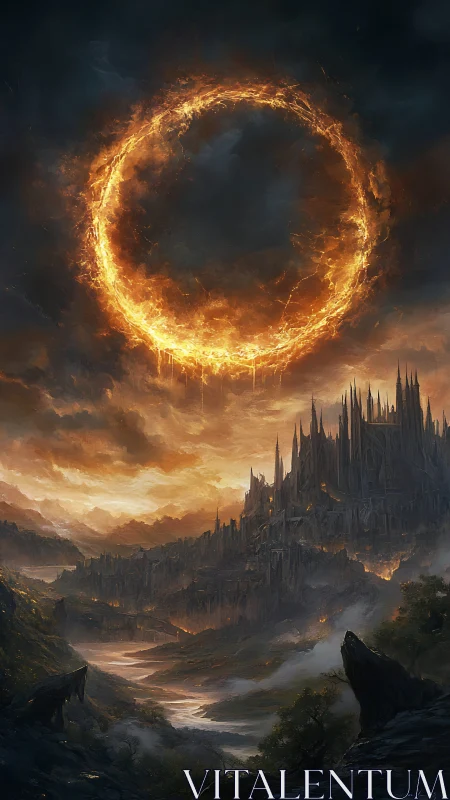 Ring of fire above dark fortress in stormy valley at dusk.