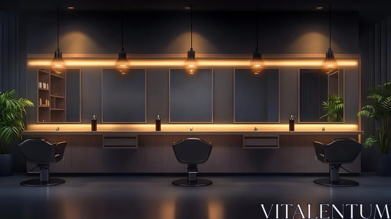 Cinematic grooming studio interior with linear LED vanity wall.